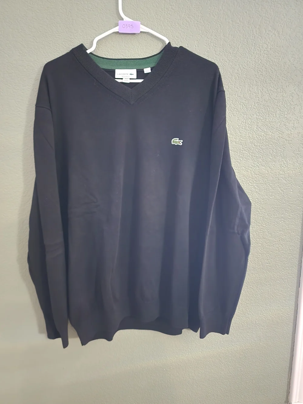 Lacoste Men’s Black V-Neck Cotton Sweater 3XL Regular Fit Green Trim Crocodile